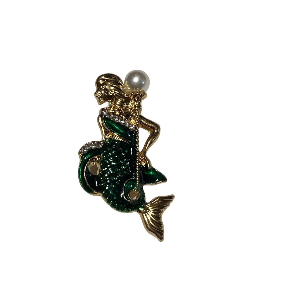Gold Tone Mermaid Brooch Green Enamel Faux Pearl Rhinestone Nautical Pin